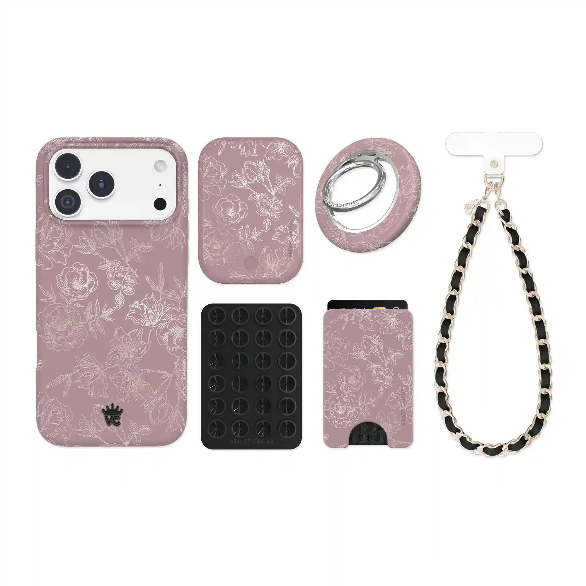 Dusty Rose Chrome Floral iPhone Bundle Set