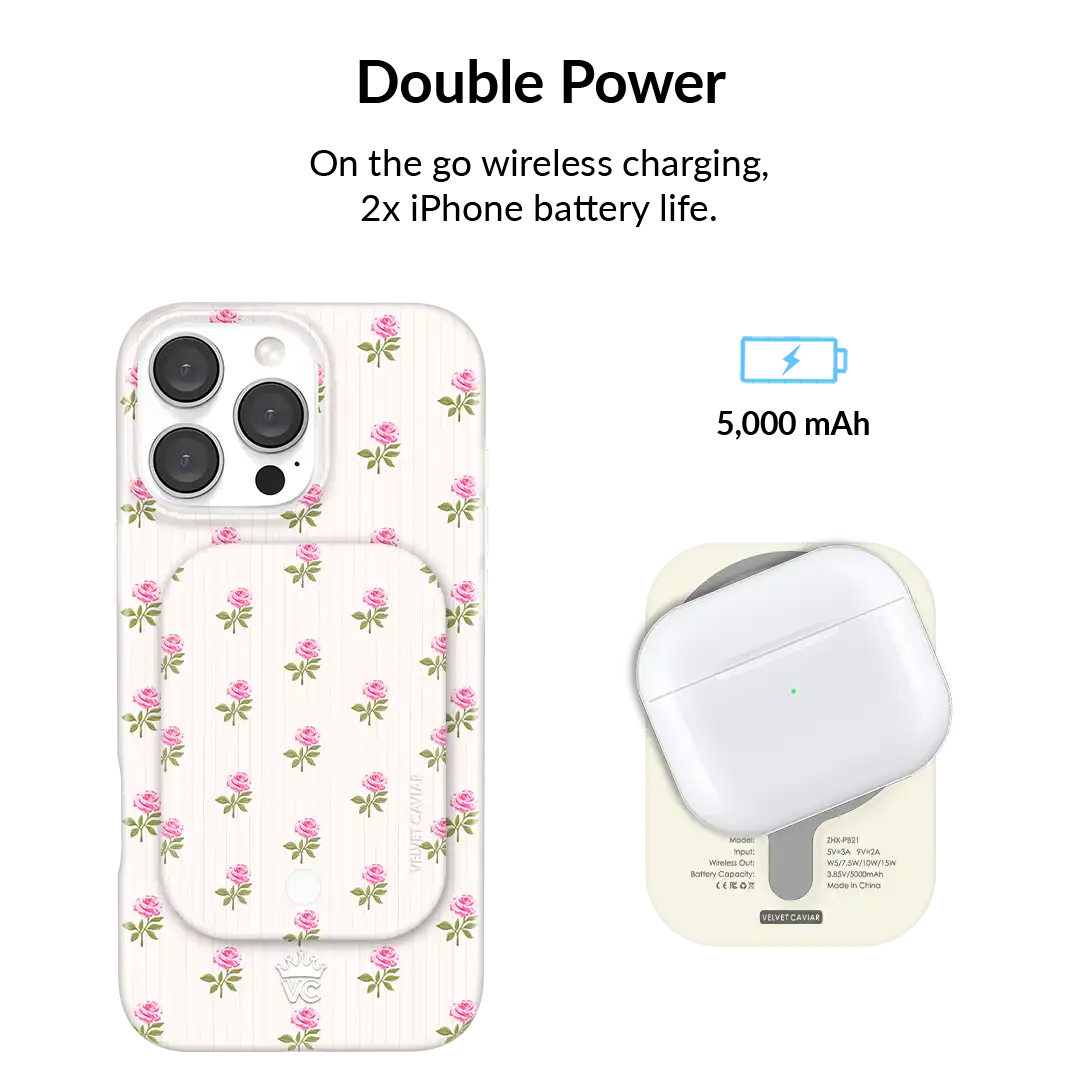 Pink Peony Floral Portable MagSafe Charger Power Pack