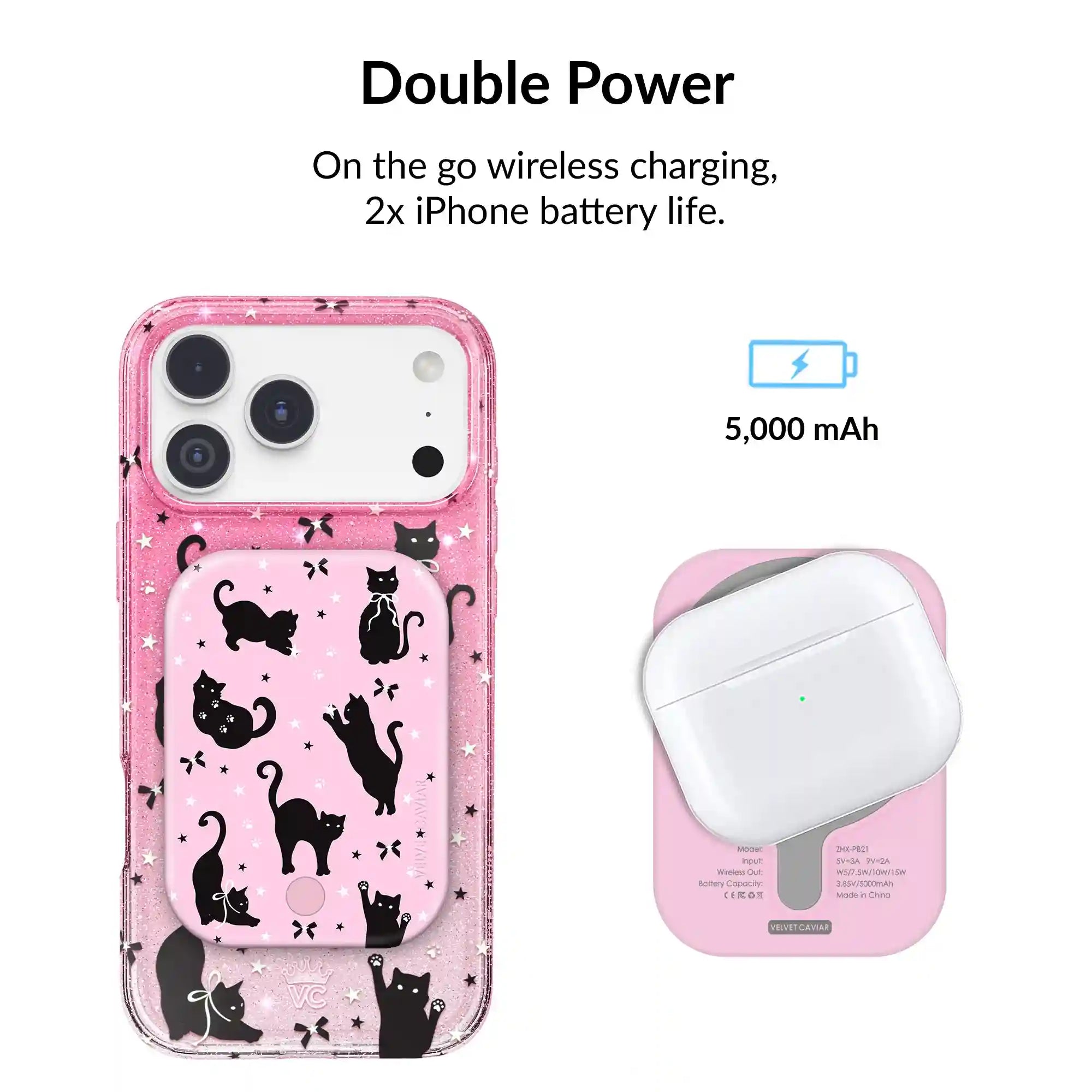 Lucky Kittens Glitter Portable MagSafe Charger Power Pack