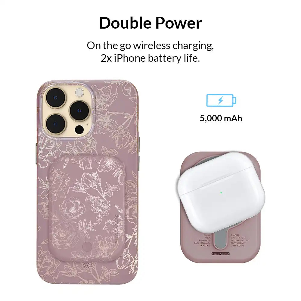 Dusty Rose Chrome Floral Portable MagSafe Charger Power Pack